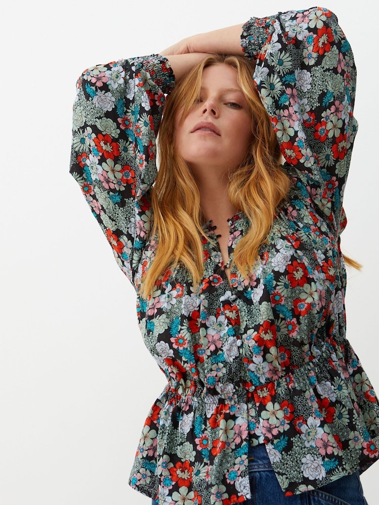Oliver Bonas Blue Floral Print Ruched Front Blouse - Image 1 of 8
