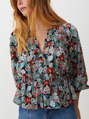 Oliver Bonas Blue Floral Print Ruched Front Blouse - Image 2 of 8