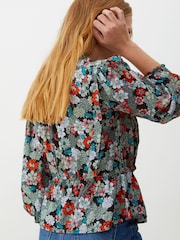 Oliver Bonas Blue Floral Print Ruched Front Blouse - Image 3 of 8