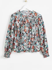 Oliver Bonas Blue Floral Print Ruched Front Blouse - Image 4 of 8