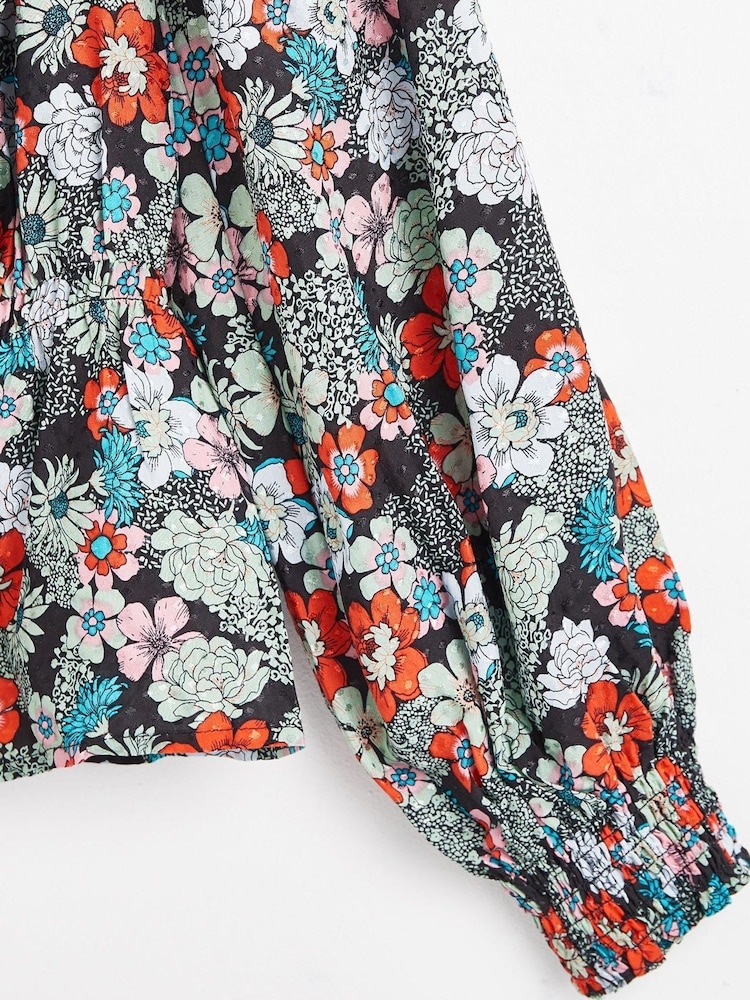 Oliver Bonas Blue Floral Print Ruched Front Blouse - Image 8 of 8