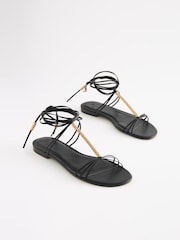 Black Signature Leather Flat Strappy Sandals with Metallic Wrap Detailing - Image 2 of 9