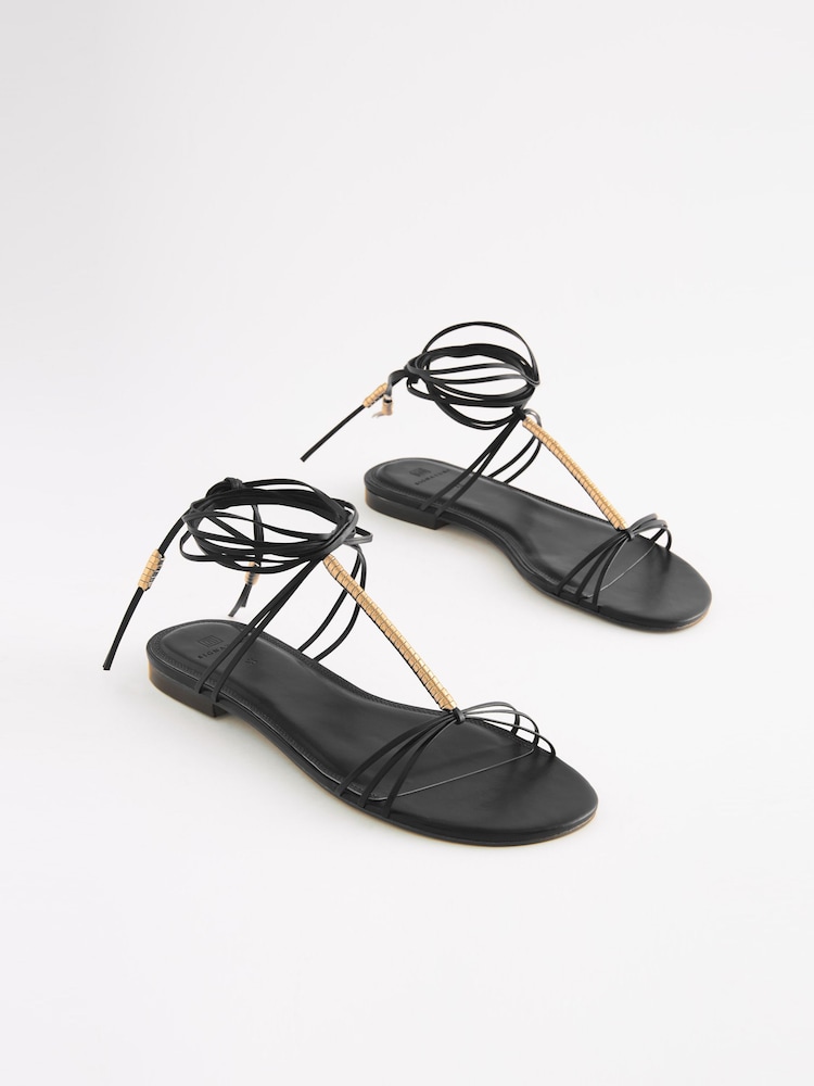 Black Signature Leather Flat Strappy Sandals with Metallic Wrap Detailing - Image 2 of 9 Black Signature Leather Flat Strappy Sandals with Metallic Wrap Detailing - Image 2 of 9