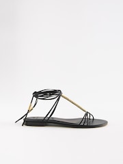 Black Signature Leather Flat Strappy Sandals with Metallic Wrap Detailing - Image 3 of 9