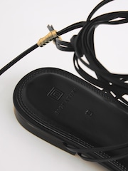 Black Signature Leather Flat Strappy Sandals with Metallic Wrap Detailing - Image 6 of 9