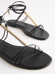 Black Signature Leather Flat Strappy Sandals with Metallic Wrap Detailing - Image 7 of 9