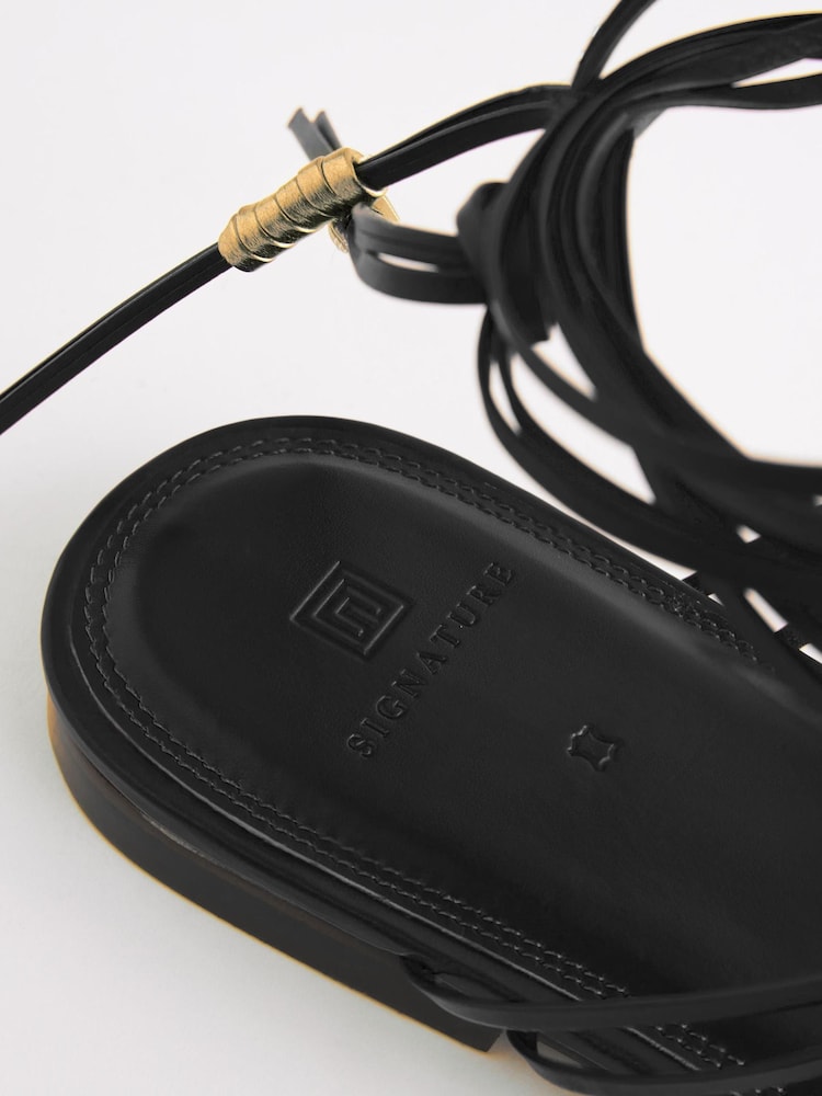 Black Signature Leather Flat Strappy Sandals with Metallic Wrap Detailing - Image 9 of 9