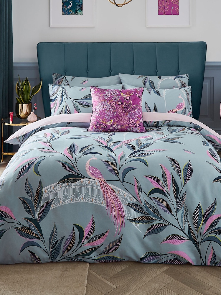 Sara Miller Blue Ornamental Peacock 100% Cotton Duvet Cover and Pillowcase Set - Image 1 of 5