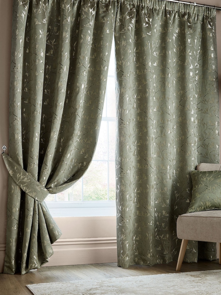 Ashley Wilde Green Hertford Pencil Pleat 100% Cotton Curtains - Image 1 of 2