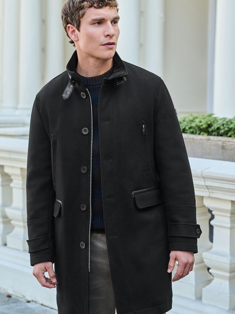 Black Wool Blend Four Pocket Funnel Neck Coat - Image 1 of 11