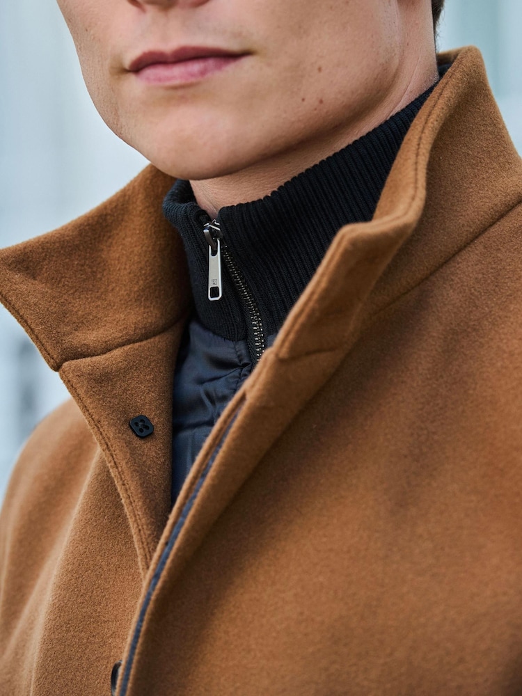 Brown Funnel Neck Coat With Built In Gilet - Image 4 of 11