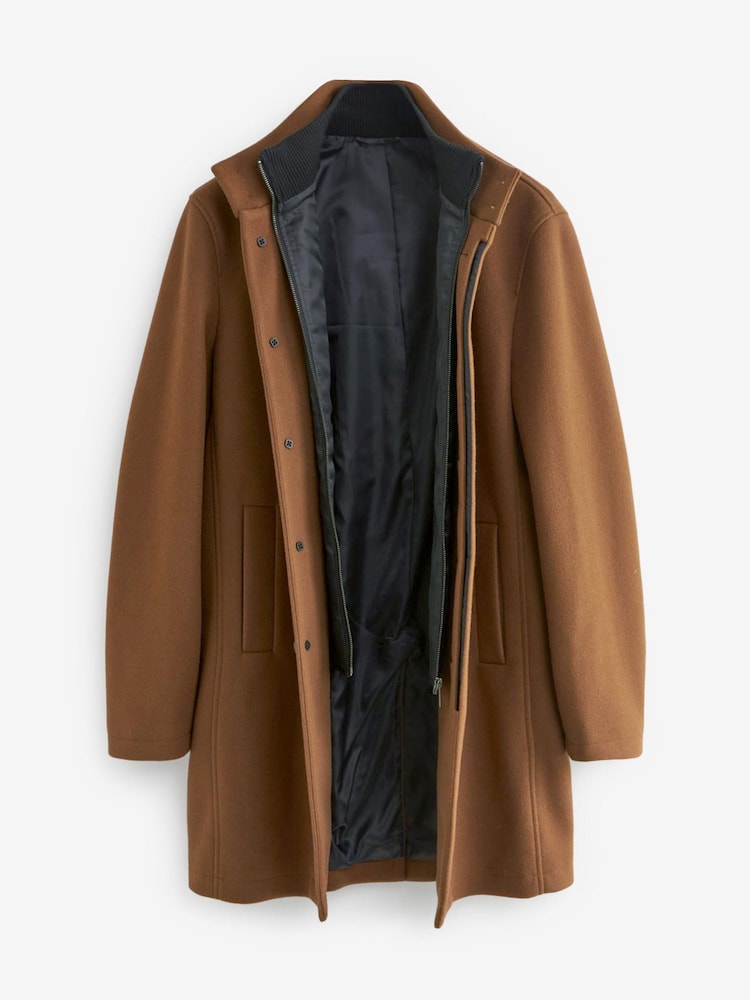 Brown Funnel Neck Coat With Built In Gilet - Image 7 of 11