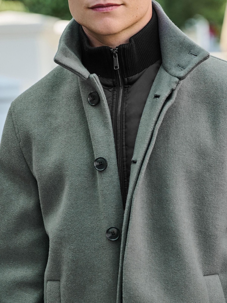 Sage Green Funnel Neck Coat With Built In Gilet - Image 4 of 10