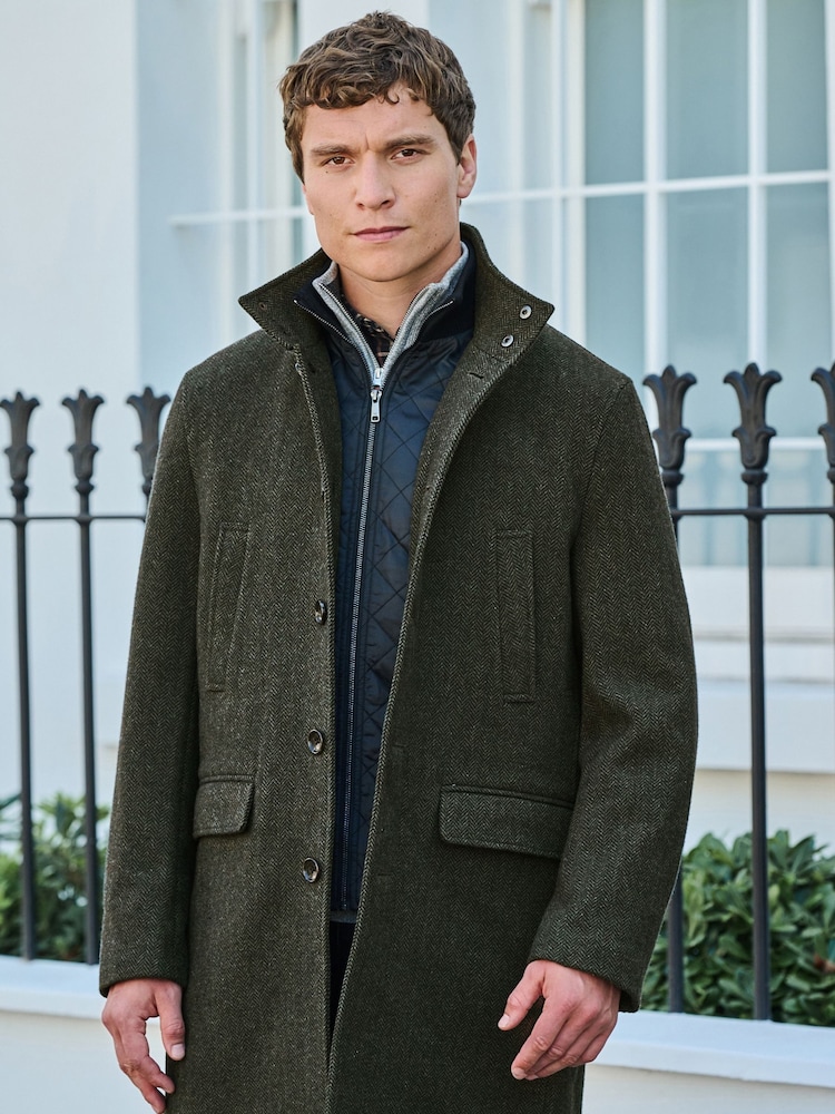 Зеленый с шевронным узором  - Шерсть Blend Mock Gilet Herringbone стеганые пальто - Image 1 of 10