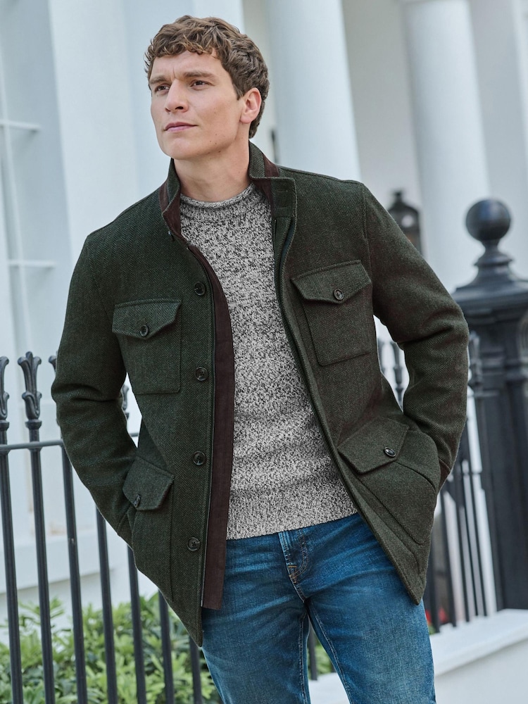 Green Herringbone Four Pocket Funnel Neck Coat - Image 1 of 10