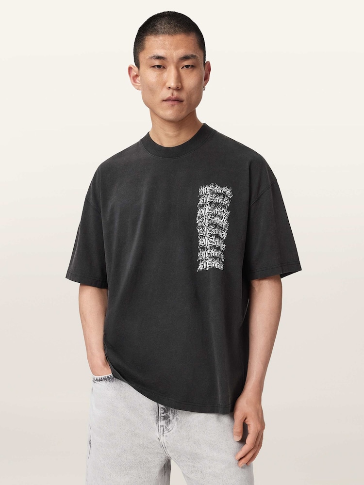 AllSaints Black Repeat Short Sleeve Crew Neck T-Shirt - Image 1 of 7 AllSaints Black Repeat Short Sleeve Crew Neck T-Shirt - Image 1 of 7