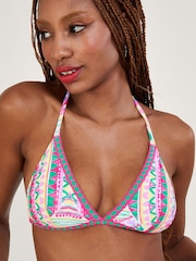 Monsoon Pink Mosaic Print Crochet Trim Bikini Top with Recycled Polyester - Image 1 of 4