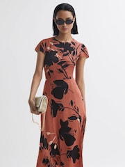 Reiss Blush/Black Floella Floral Printed Midi Dress - Image 1 of 5