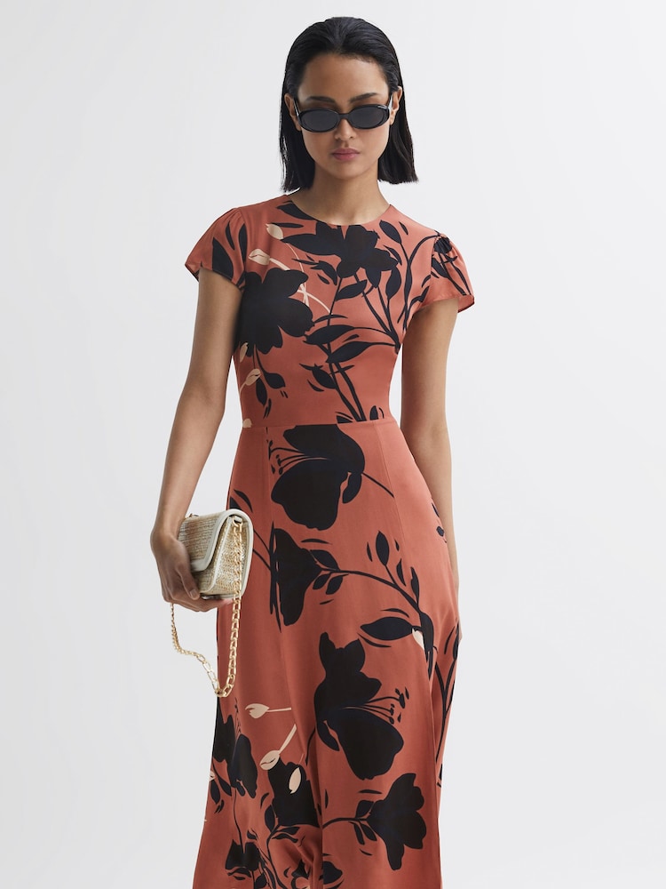 Reiss Blush/Black Floella Floral Printed Midi Dress - Image 1 of 5