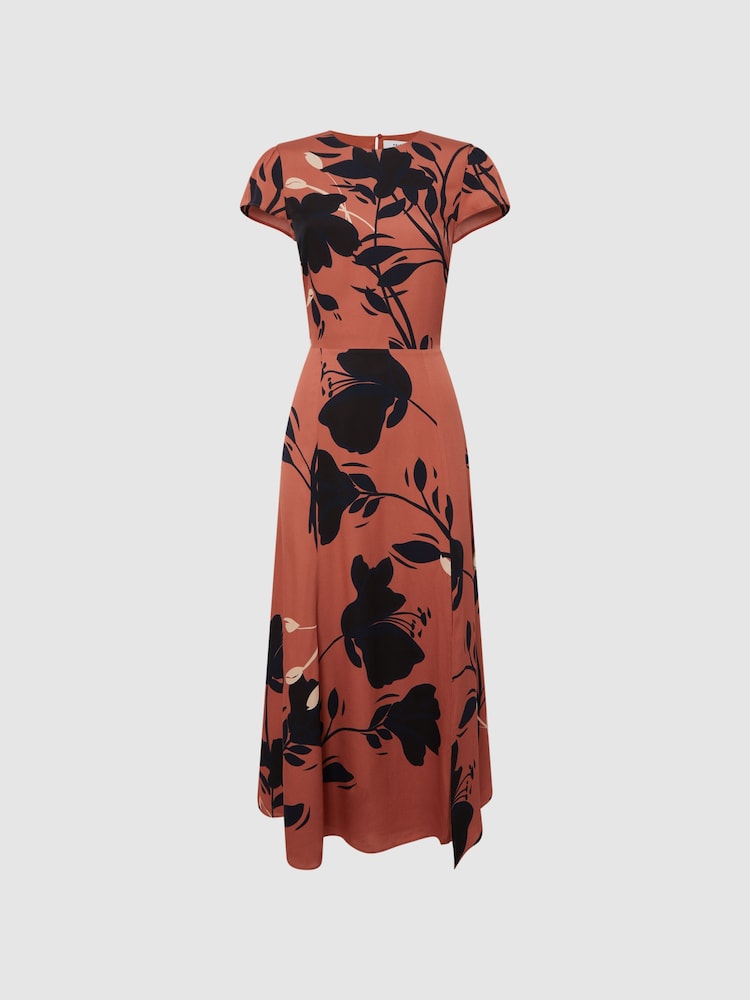 Reiss Blush/Black Floella Floral Printed Midi Dress - Image 2 of 5
