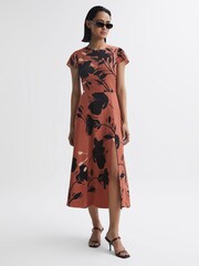Reiss Blush/Black Floella Floral Printed Midi Dress - Image 3 of 5