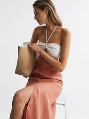 Reiss Rust/White Sian Linen Colour Block Midi Dress - Image 1 of 1