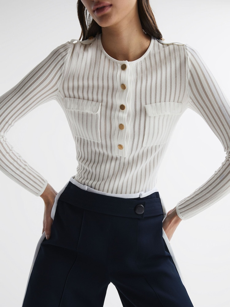 Reiss Ivory Pippa Sheer Striped Long Sleeve Top - Image 1 of 6 Reiss Ivory Pippa Sheer Striped Long Sleeve Top - Image 1 of 6