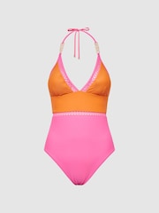 Reiss Orange/Pink Ray Colourblock Halter Swimsuit - Image 9 of 9
