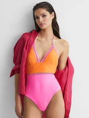 Reiss Orange/Pink Ray Colourblock Halter Swimsuit - Image 6 of 9