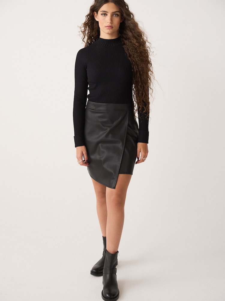 Black 2-in-1 Faux Leather PU Mix Mini Jumper Dress - Image 2 of 6