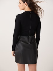 Black 2-in-1 Faux Leather PU Mix Mini Jumper Dress - Image 3 of 6