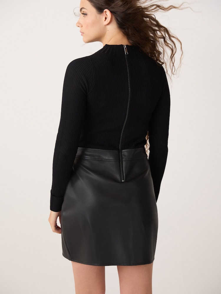 Black 2-in-1 Faux Leather PU Mix Mini Jumper Dress - Image 3 of 6