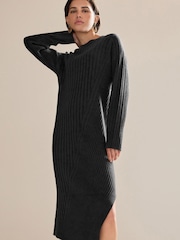 Schwarz - Geripptes asymmetrisches Midi-Pulloverkleid - Bild 1 von 1