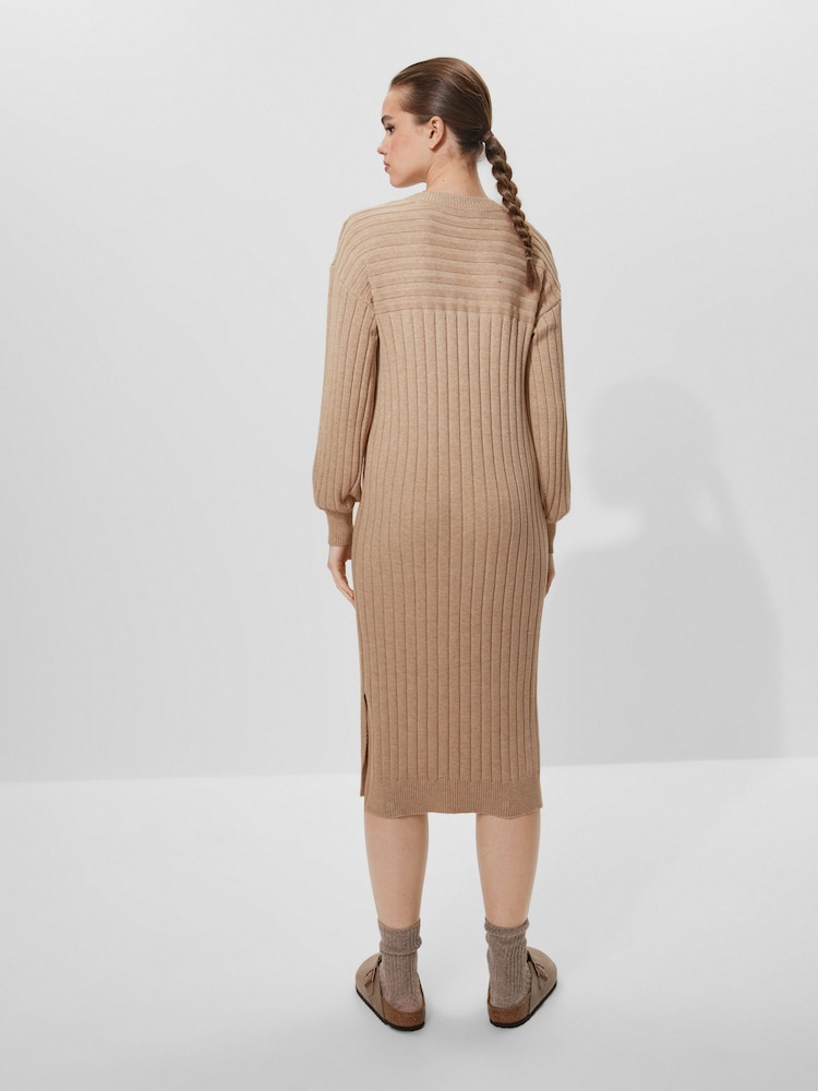 Camel Brown Ribbed V-Neck Knit Jumper Dress - Image 3 of 6