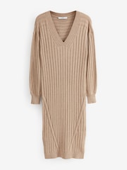 Kamelbraun - Pulloverkleid aus Rippstrick mit V-Ausschnitt - Bild 5 von 6