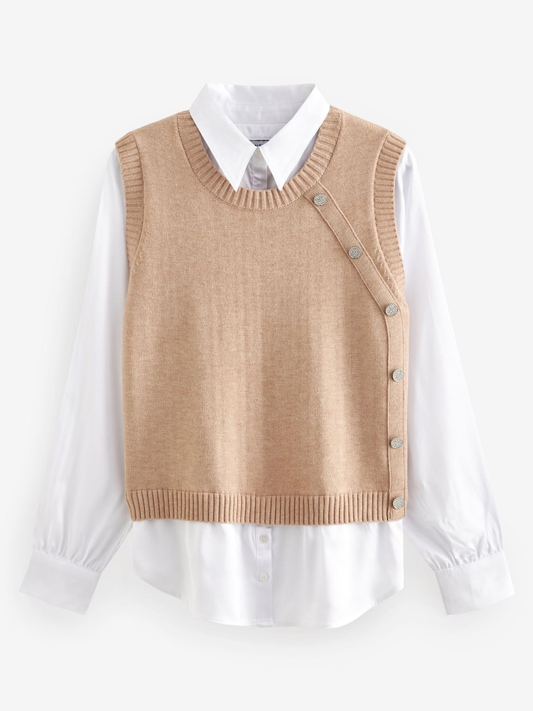 Camel Brown Gem Button Shirt Layer Jumper - Image 5 of 5