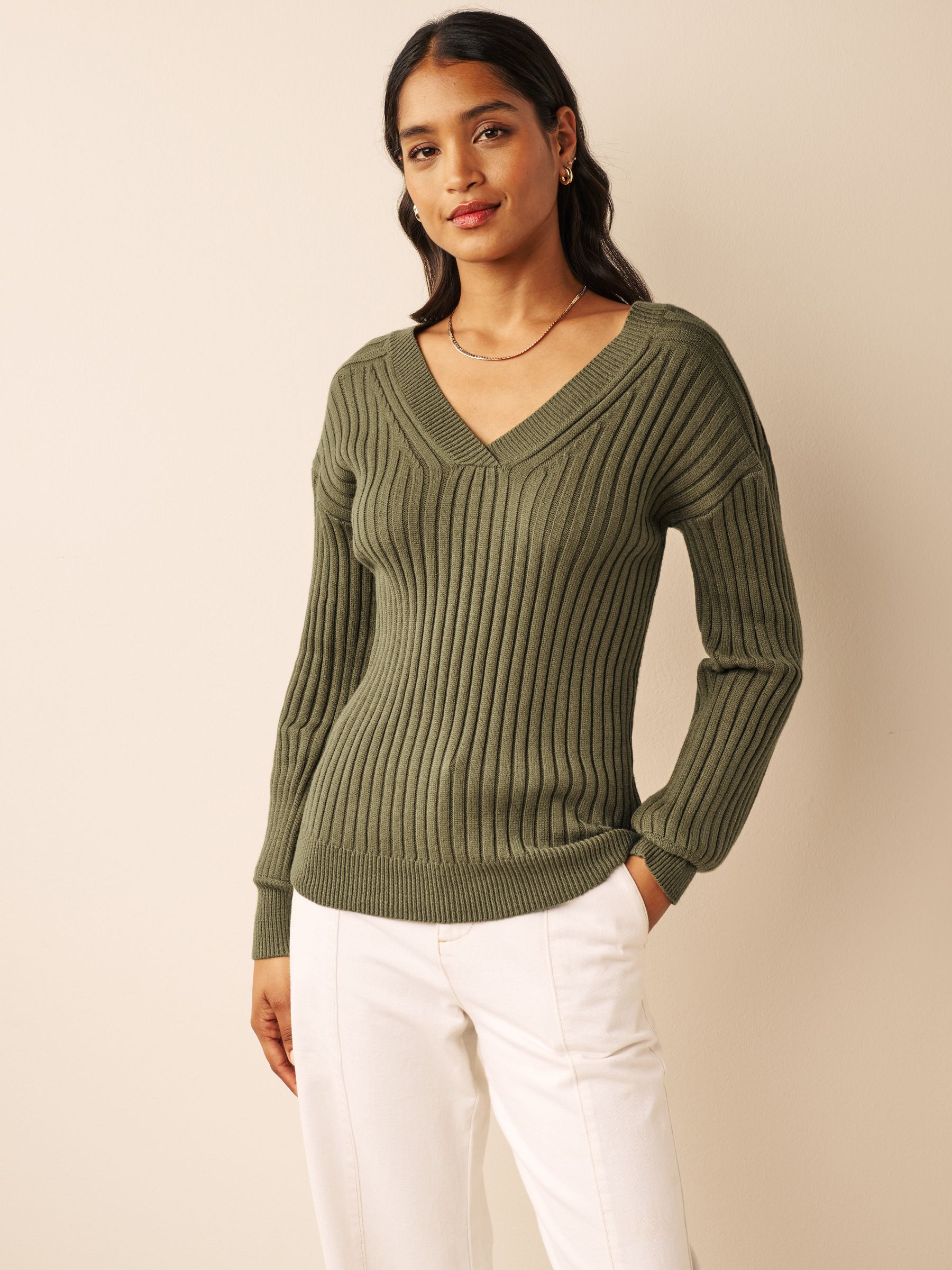 Buy Khaki Green Ribbed V Neck Jumper from Next Luxembourg