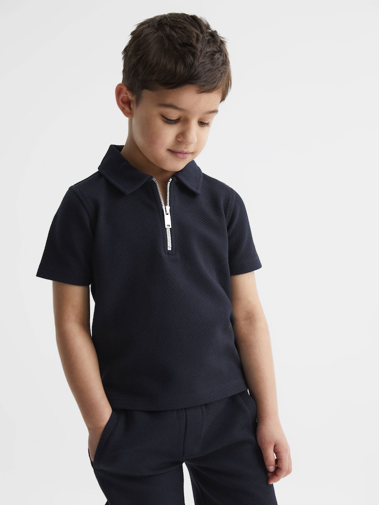 Reiss Navy Creed Junior Textured Half-Zip Polo Shirt - Image 1 of 6