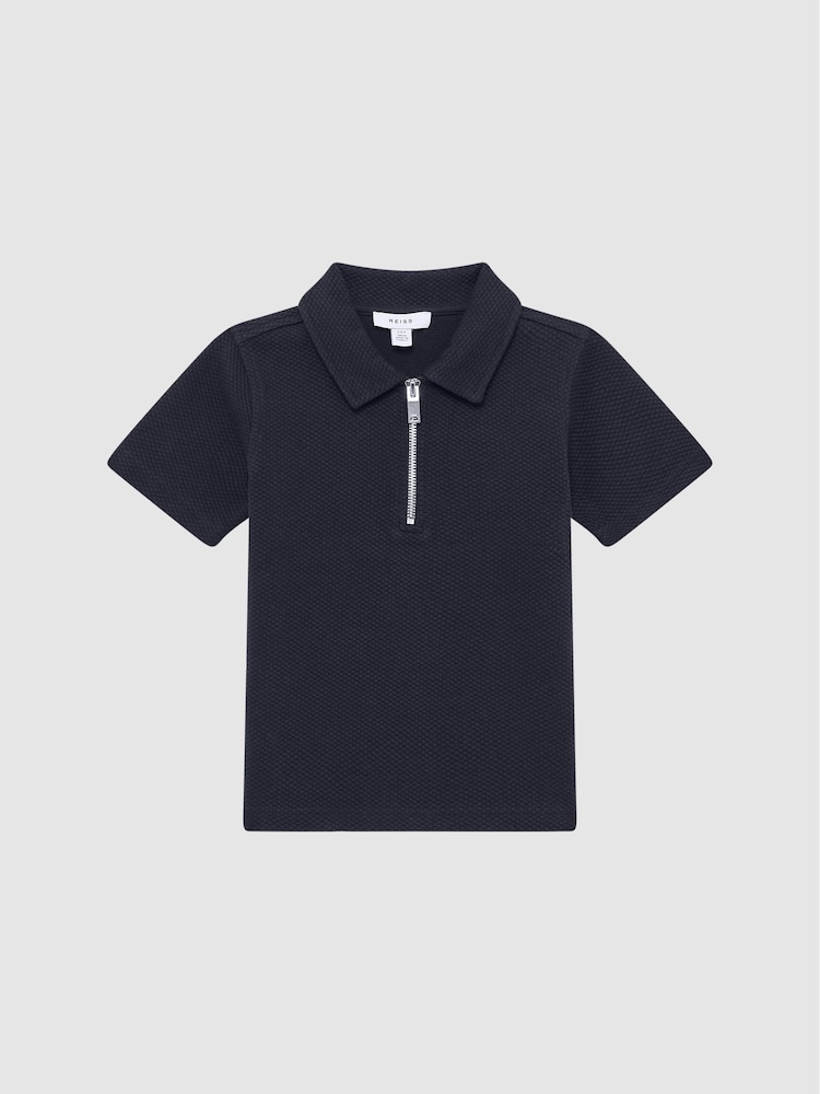 Reiss Navy Creed Junior Textured Half-Zip Polo Shirt - Image 2 of 6