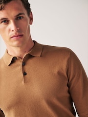 Camel Brown Regular Knitted Long Sleeve Polo Shirt - Image 1 of 7