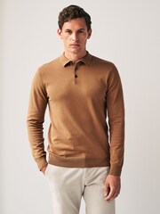 Camel Brown Regular Knitted Long Sleeve Polo Shirt - Image 4 of 7