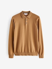 Camel Brown Regular Knitted Long Sleeve Polo Shirt - Image 5 of 7