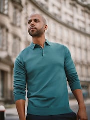 Green Regular Knitted Long Sleeve Polo Shirt - Image 1 of 5