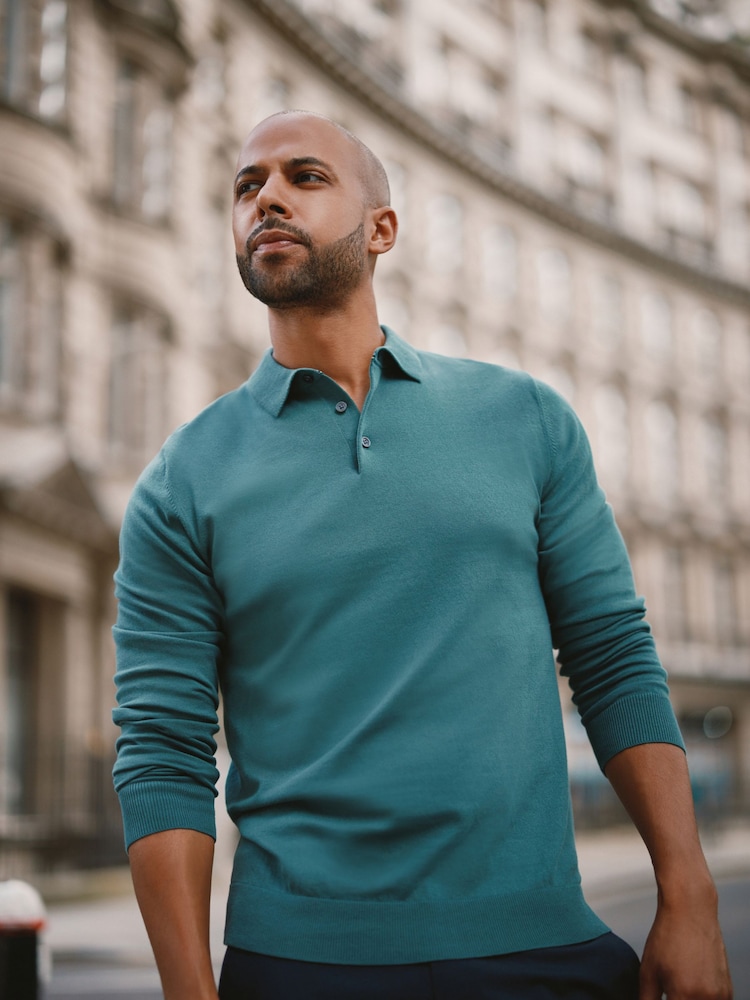 Green Regular Knitted Long Sleeve Polo Shirt - Image 1 of 5