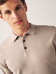 Neutral Regular Knitted Long Sleeve Polo Shirt - Image 1 of 6