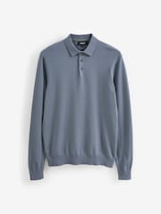 Slate Blue Regular Knitted Long Sleeve Polo Shirt - Image 4 of 5