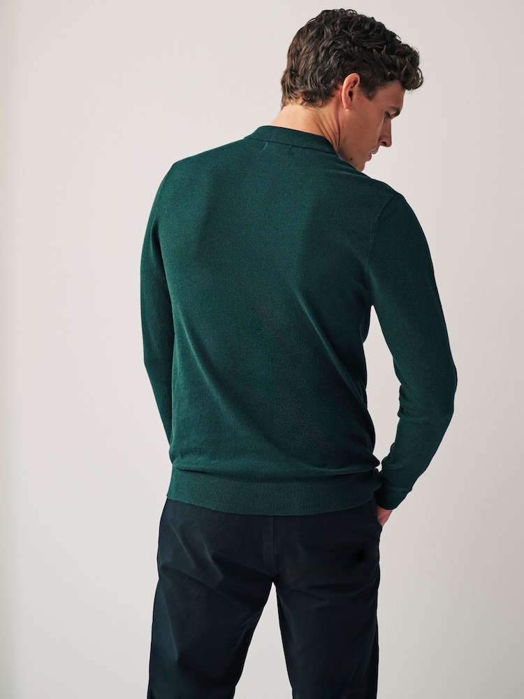 Dark Green Regular Knitted Long Sleeve Polo Shirt - Image 2 of 6