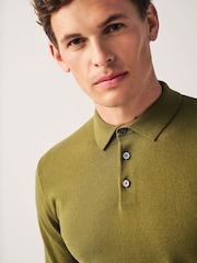 Khaki Green Regular Knitted Long Sleeve Polo Shirt - Image 1 of 6