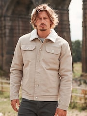 Neutral Borg Collared Denim Trucker Jacket - Image 2 of 12