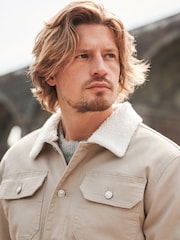 Neutral Borg Collared Denim Trucker Jacket - Image 5 of 12